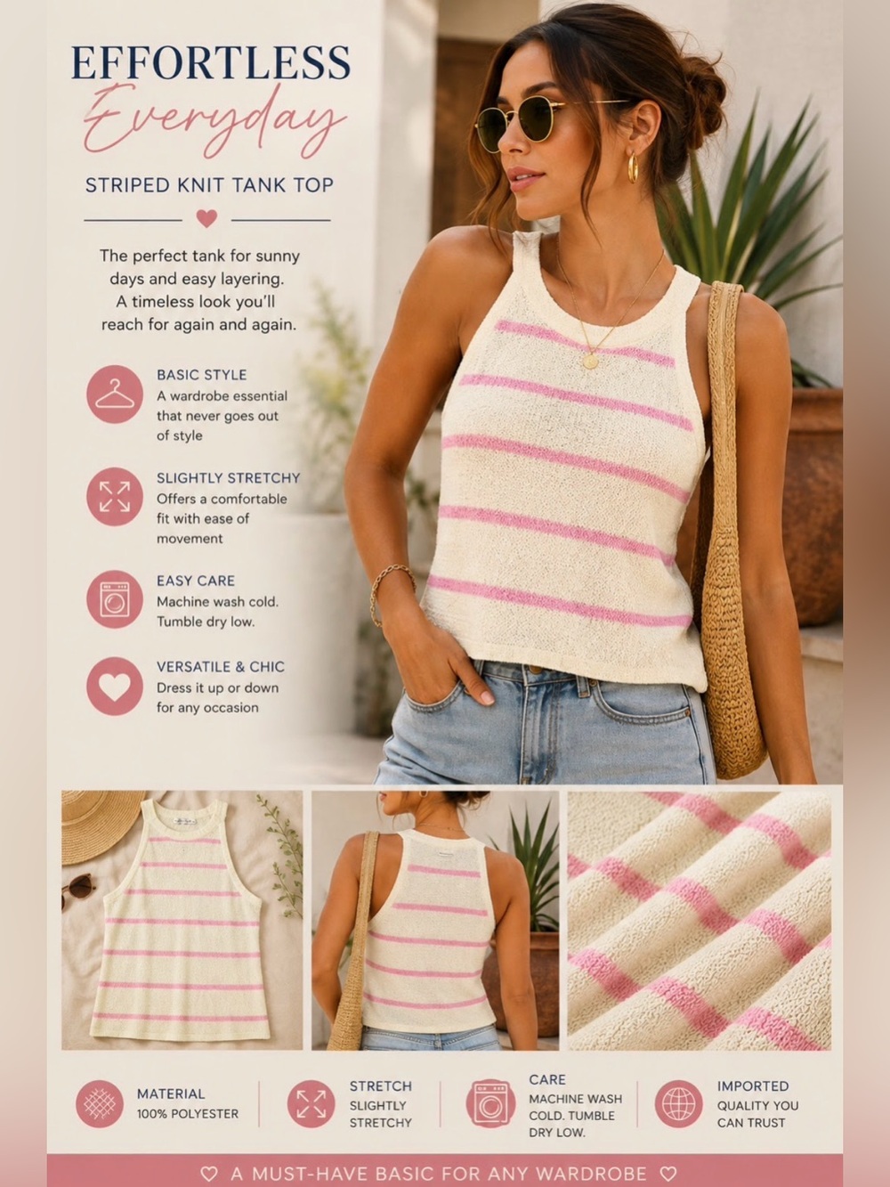 Zenana Knit Striped Round Neck Tank Top Women’s Light Pink Different Sizes